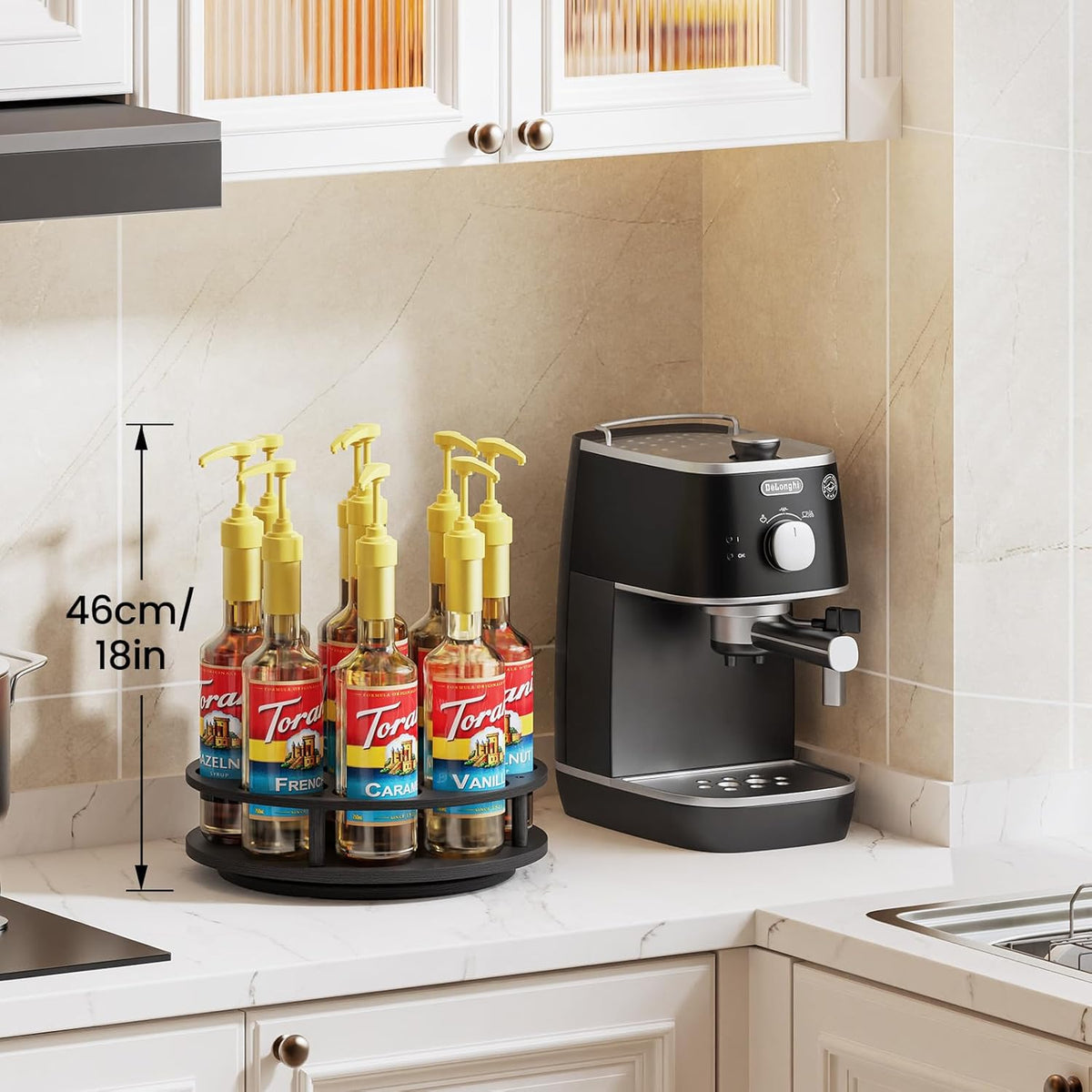 Rotating Coffee Syrup Organizer for Countertop, 9-Bottle Wooden Syrup Rack & Bottle Holder for Coffee Bar Station, Turntable Display Stand, Black