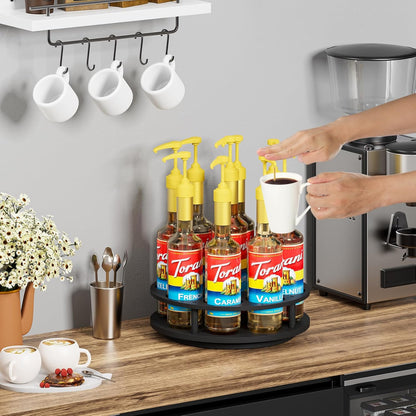 Rotating Coffee Syrup Organizer for Countertop, 9-Bottle Wooden Syrup Rack & Bottle Holder for Coffee Bar Station, Turntable Display Stand, Black