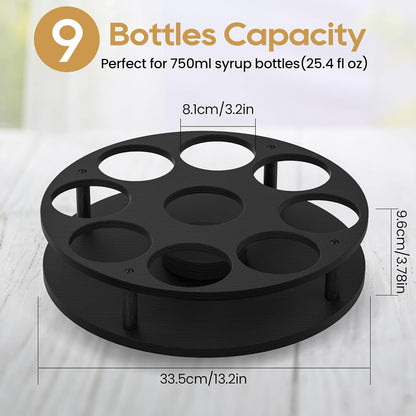 Rotating Coffee Syrup Organizer for Countertop, 9-Bottle Wooden Syrup Rack & Bottle Holder for Coffee Bar Station, Turntable Display Stand, Black