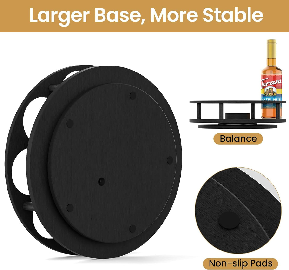 Rotating Coffee Syrup Organizer for Countertop, 9-Bottle Wooden Syrup Rack & Bottle Holder for Coffee Bar Station, Turntable Display Stand, Black