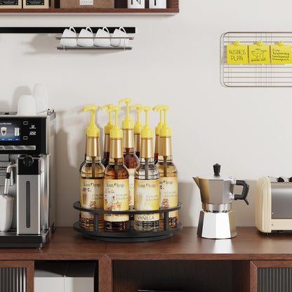Rotating Coffee Syrup Organizer for Countertop, 9-Bottle Wooden Syrup Rack & Bottle Holder for Coffee Bar Station, Turntable Display Stand, Black