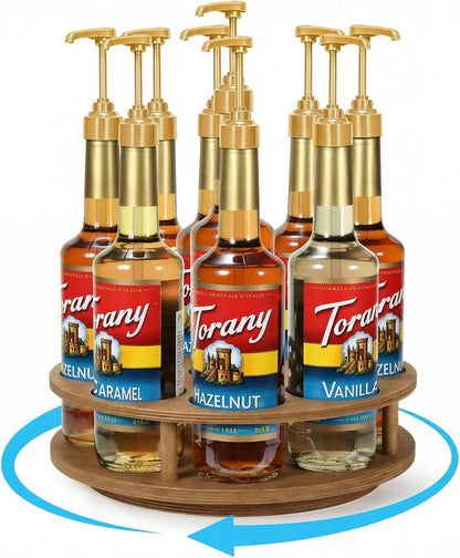 Rotating Coffee Syrup Organizer for Countertop, 9-Bottle Wooden Syrup Rack & Bottle Holder for Coffee Bar Station, Turntable Display Stand, Black