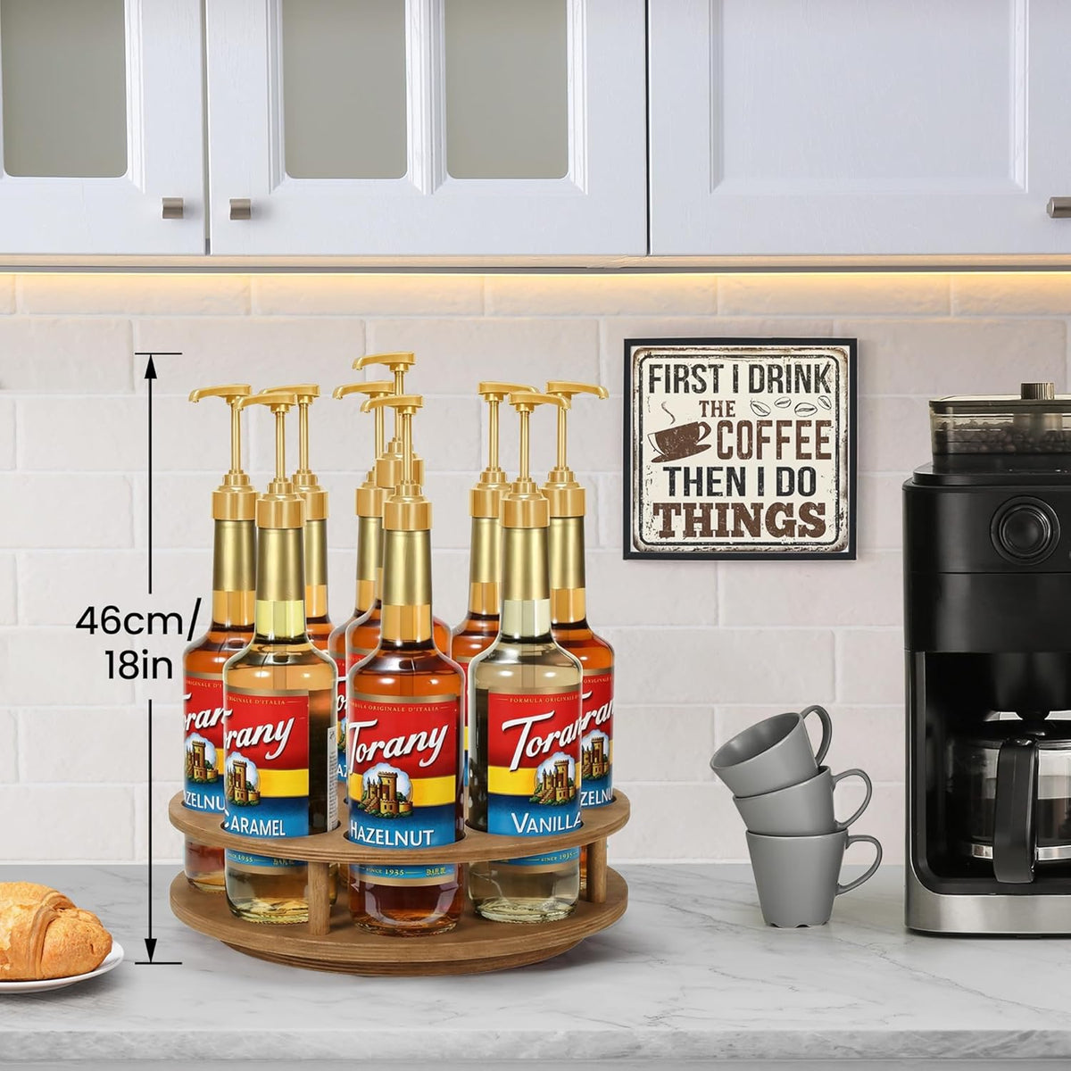 Rotating Coffee Syrup Organizer for Countertop, 9-Bottle Wooden Syrup Rack & Bottle Holder for Coffee Bar Station, Turntable Display Stand, Black