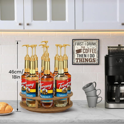 Rotating Coffee Syrup Organizer for Countertop, 9-Bottle Wooden Syrup Rack & Bottle Holder for Coffee Bar Station, Turntable Display Stand, Black
