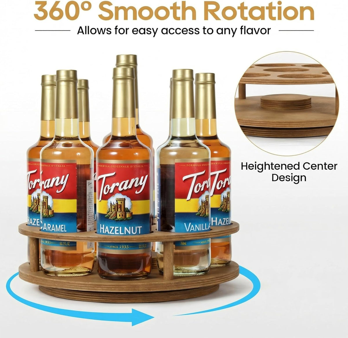 Rotating Coffee Syrup Organizer for Countertop, 9-Bottle Wooden Syrup Rack & Bottle Holder for Coffee Bar Station, Turntable Display Stand, Black
