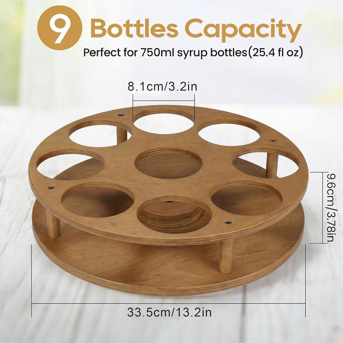 Rotating Coffee Syrup Organizer for Countertop, 9-Bottle Wooden Syrup Rack & Bottle Holder for Coffee Bar Station, Turntable Display Stand, Black