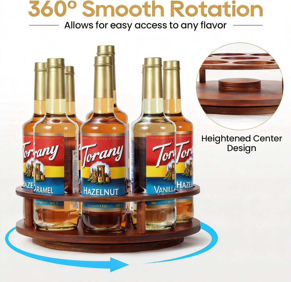 Rotating Coffee Syrup Organizer for Countertop, 9-Bottle Wooden Syrup Rack & Bottle Holder for Coffee Bar Station, Turntable Display Stand, Black