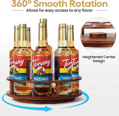 Rotating Coffee Syrup Organizer for Countertop, 9-Bottle Wooden Syrup Rack & Bottle Holder for Coffee Bar Station, Turntable Display Stand, Black