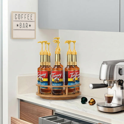Rotating Coffee Syrup Organizer for Countertop, 9-Bottle Wooden Syrup Rack & Bottle Holder for Coffee Bar Station, Turntable Display Stand, Black