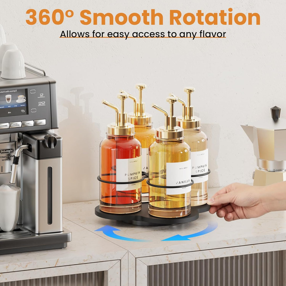 Rotating Coffee Syrup Organizer for Countertop, 9-Bottle Wooden Syrup Rack & Bottle Holder for Coffee Bar Station, Turntable Display Stand, Black