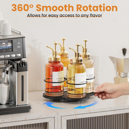Rotating Coffee Syrup Organizer for Countertop, 9-Bottle Wooden Syrup Rack & Bottle Holder for Coffee Bar Station, Turntable Display Stand, Black