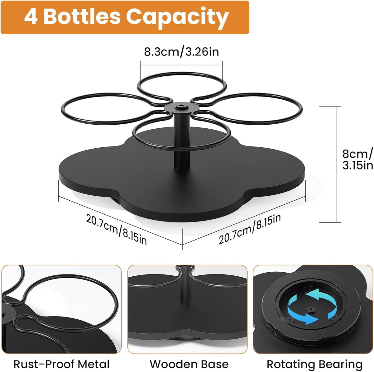 Rotating Coffee Syrup Organizer for Countertop, 9-Bottle Wooden Syrup Rack & Bottle Holder for Coffee Bar Station, Turntable Display Stand, Black