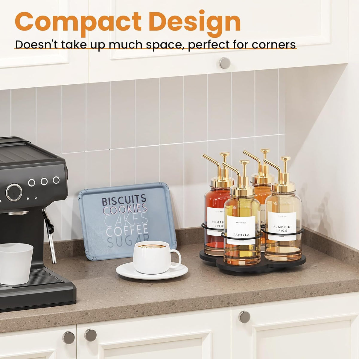 Rotating Coffee Syrup Organizer for Countertop, 9-Bottle Wooden Syrup Rack & Bottle Holder for Coffee Bar Station, Turntable Display Stand, Black