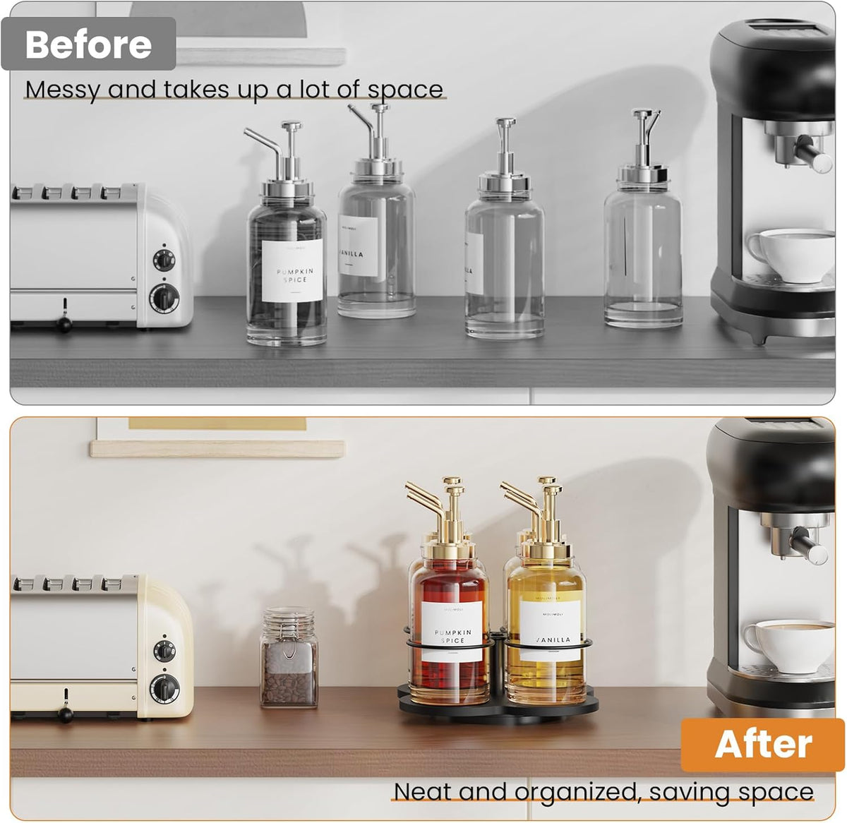 Rotating Coffee Syrup Organizer for Countertop, 9-Bottle Wooden Syrup Rack & Bottle Holder for Coffee Bar Station, Turntable Display Stand, Black