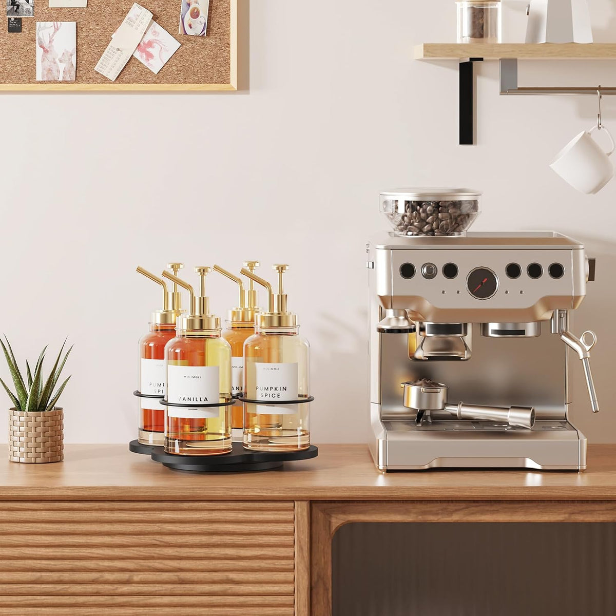 Rotating Coffee Syrup Organizer for Countertop, 9-Bottle Wooden Syrup Rack & Bottle Holder for Coffee Bar Station, Turntable Display Stand, Black