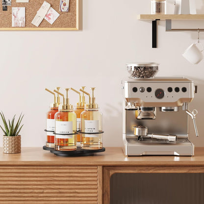 Rotating Coffee Syrup Organizer for Countertop, 9-Bottle Wooden Syrup Rack & Bottle Holder for Coffee Bar Station, Turntable Display Stand, Black