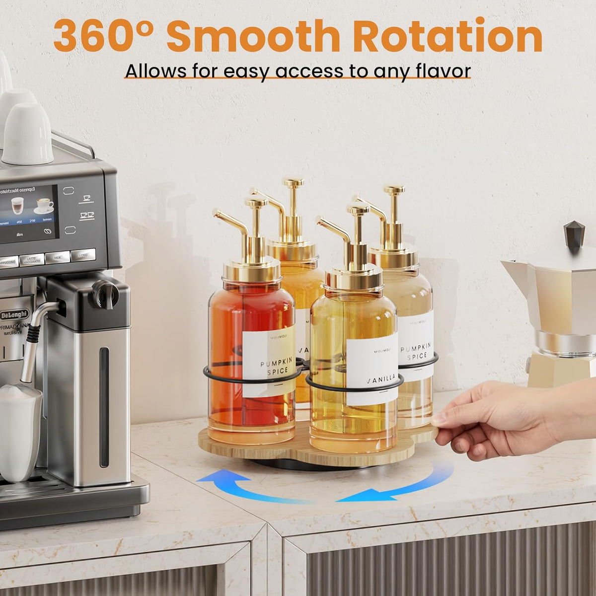 Rotating Coffee Syrup Organizer for Countertop, 9-Bottle Wooden Syrup Rack & Bottle Holder for Coffee Bar Station, Turntable Display Stand, Black