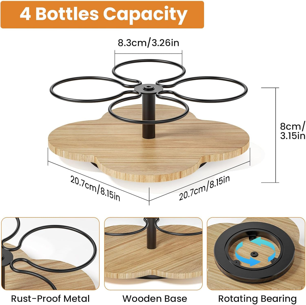 Rotating Coffee Syrup Organizer for Countertop, 9-Bottle Wooden Syrup Rack & Bottle Holder for Coffee Bar Station, Turntable Display Stand, Black