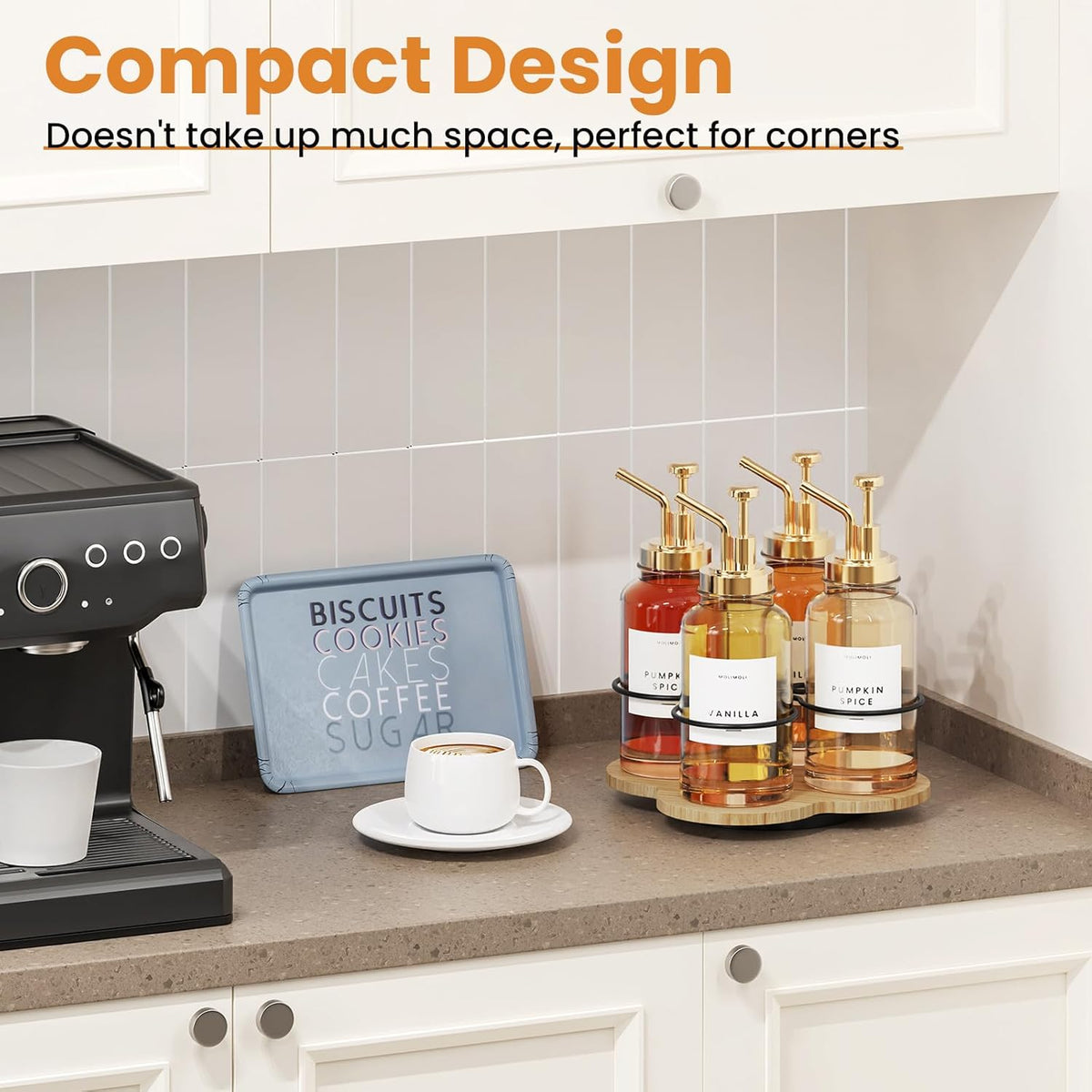 Rotating Coffee Syrup Organizer for Countertop, 9-Bottle Wooden Syrup Rack & Bottle Holder for Coffee Bar Station, Turntable Display Stand, Black