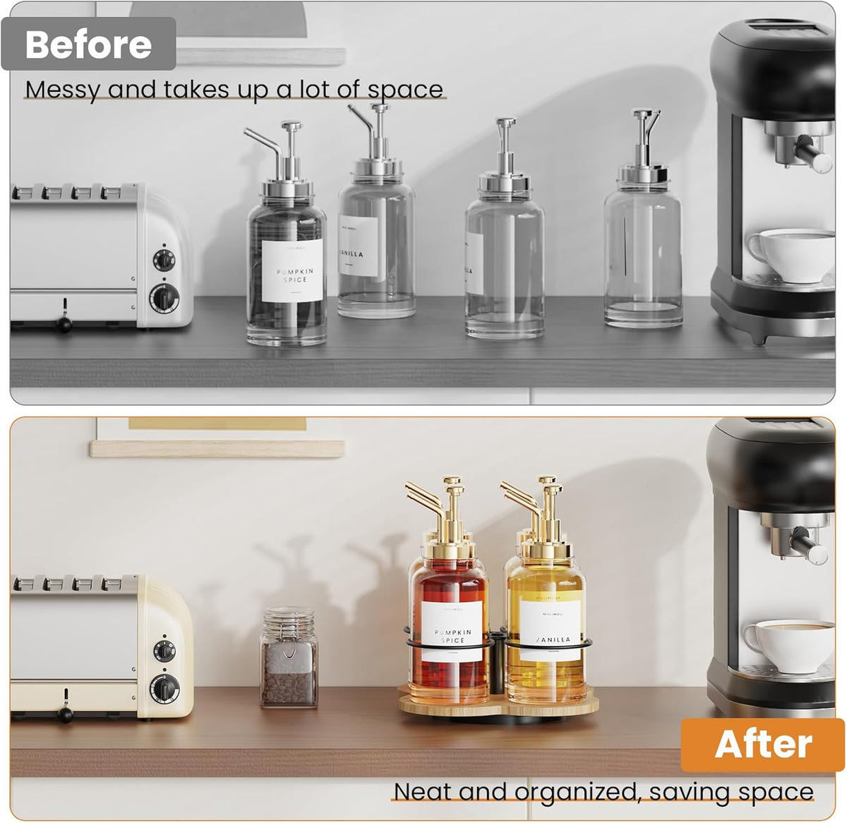 Rotating Coffee Syrup Organizer for Countertop, 9-Bottle Wooden Syrup Rack & Bottle Holder for Coffee Bar Station, Turntable Display Stand, Black