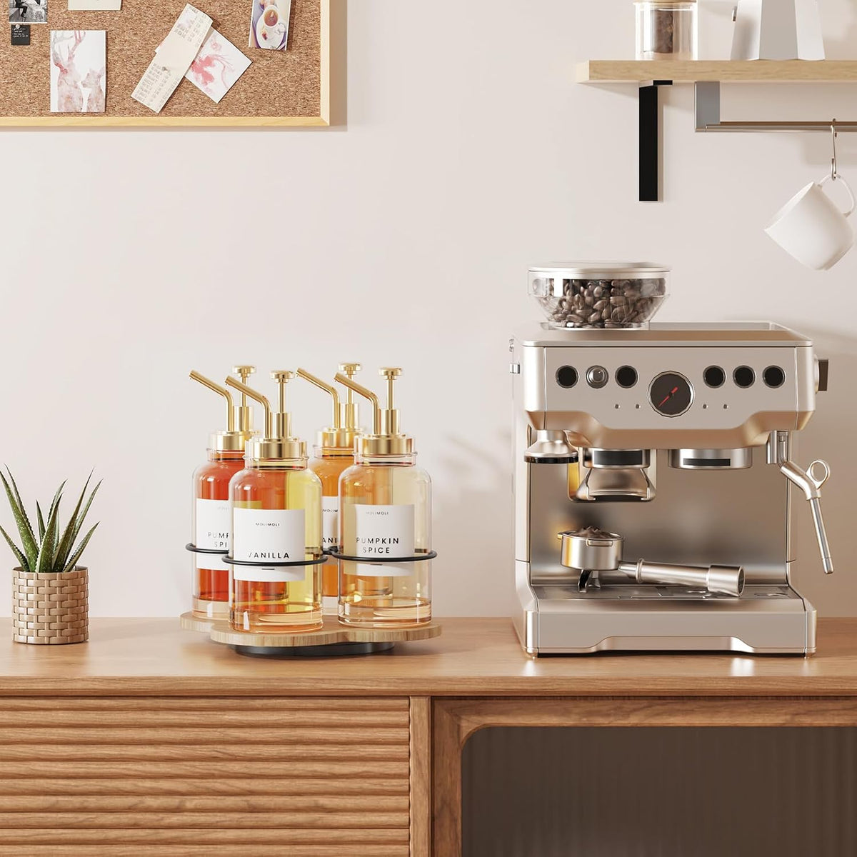 Rotating Coffee Syrup Organizer for Countertop, 9-Bottle Wooden Syrup Rack & Bottle Holder for Coffee Bar Station, Turntable Display Stand, Black