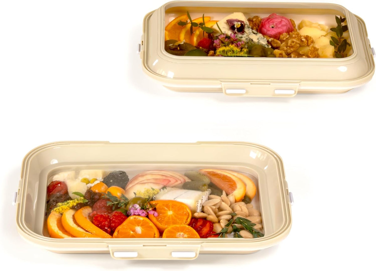 Portable Snack Tray | Rectangle | Cream White | Reversible Stretch Lid Food Containers | BPA-Free, Freezer & Dishwasher Safe | Meal-Prep, Charcuterie, Salads, Picnic, Travel
