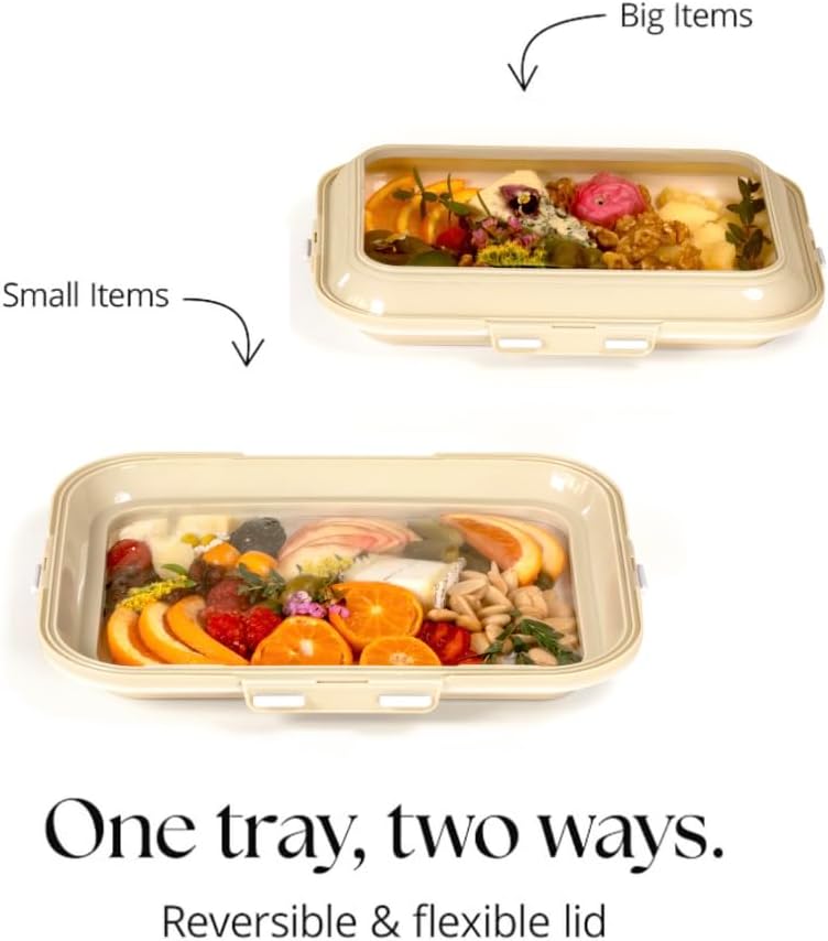 Portable Snack Tray | Rectangle | Cream White | Reversible Stretch Lid Food Containers | BPA-Free, Freezer & Dishwasher Safe | Meal-Prep, Charcuterie, Salads, Picnic, Travel