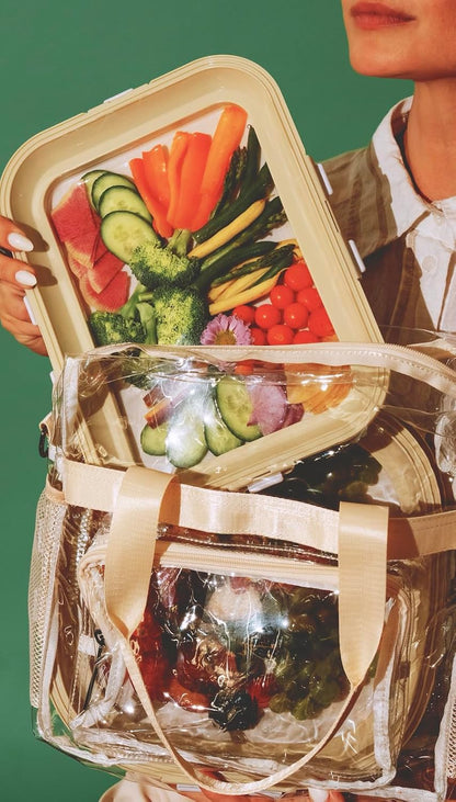 Portable Snack Tray | Rectangle | Cream White | Reversible Stretch Lid Food Containers | BPA-Free, Freezer & Dishwasher Safe | Meal-Prep, Charcuterie, Salads, Picnic, Travel