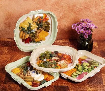 Portable Snack Tray | Rectangle | Cream White | Reversible Stretch Lid Food Containers | BPA-Free, Freezer & Dishwasher Safe | Meal-Prep, Charcuterie, Salads, Picnic, Travel