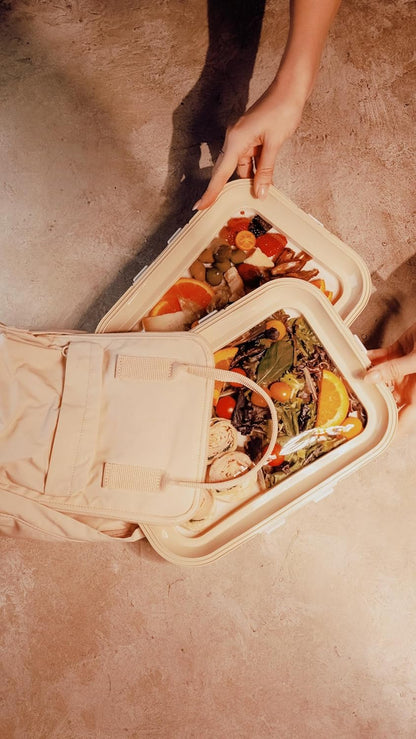 Portable Snack Tray | Rectangle | Cream White | Reversible Stretch Lid Food Containers | BPA-Free, Freezer & Dishwasher Safe | Meal-Prep, Charcuterie, Salads, Picnic, Travel