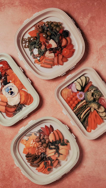 Portable Snack Tray | Rectangle | Cream White | Reversible Stretch Lid Food Containers | BPA-Free, Freezer & Dishwasher Safe | Meal-Prep, Charcuterie, Salads, Picnic, Travel