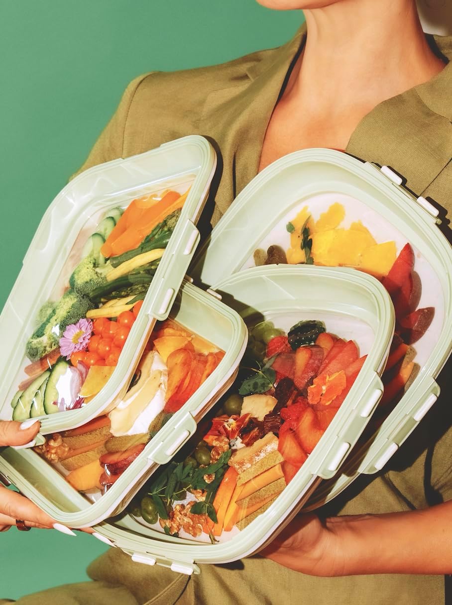 Portable Snack Tray | Rectangle | Cream White | Reversible Stretch Lid Food Containers | BPA-Free, Freezer & Dishwasher Safe | Meal-Prep, Charcuterie, Salads, Picnic, Travel