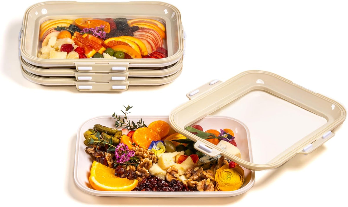 Portable Snack Tray | Rectangle | Cream White | Reversible Stretch Lid Food Containers | BPA-Free, Freezer & Dishwasher Safe | Meal-Prep, Charcuterie, Salads, Picnic, Travel