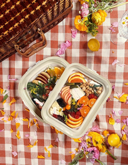 Portable Snack Tray | Rectangle | Cream White | Reversible Stretch Lid Food Containers | BPA-Free, Freezer & Dishwasher Safe | Meal-Prep, Charcuterie, Salads, Picnic, Travel