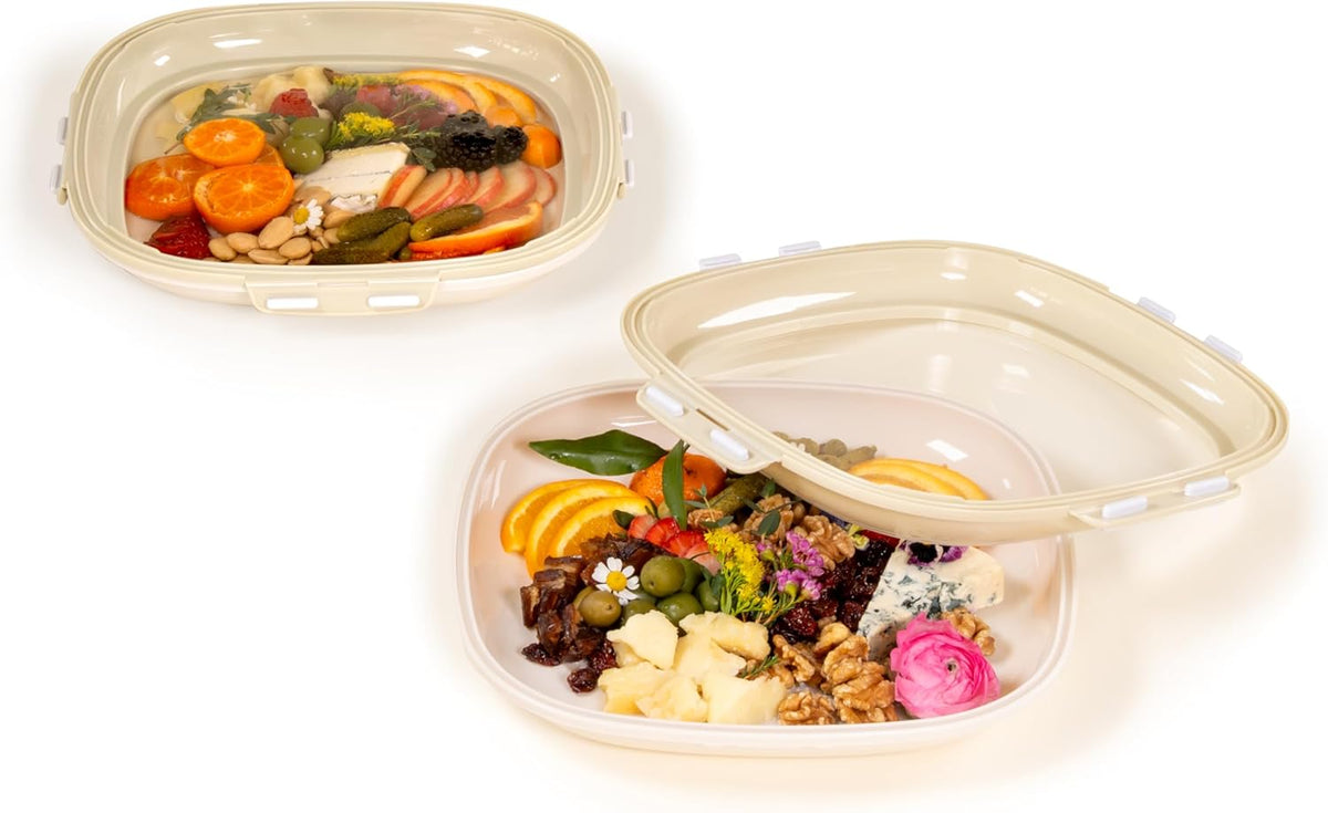 Portable Snack Tray | Rectangle | Cream White | Reversible Stretch Lid Food Containers | BPA-Free, Freezer & Dishwasher Safe | Meal-Prep, Charcuterie, Salads, Picnic, Travel