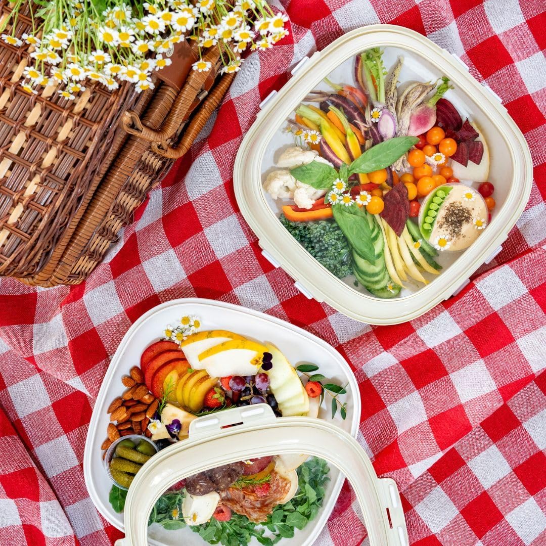 Portable Snack Tray | Rectangle | Cream White | Reversible Stretch Lid Food Containers | BPA-Free, Freezer & Dishwasher Safe | Meal-Prep, Charcuterie, Salads, Picnic, Travel