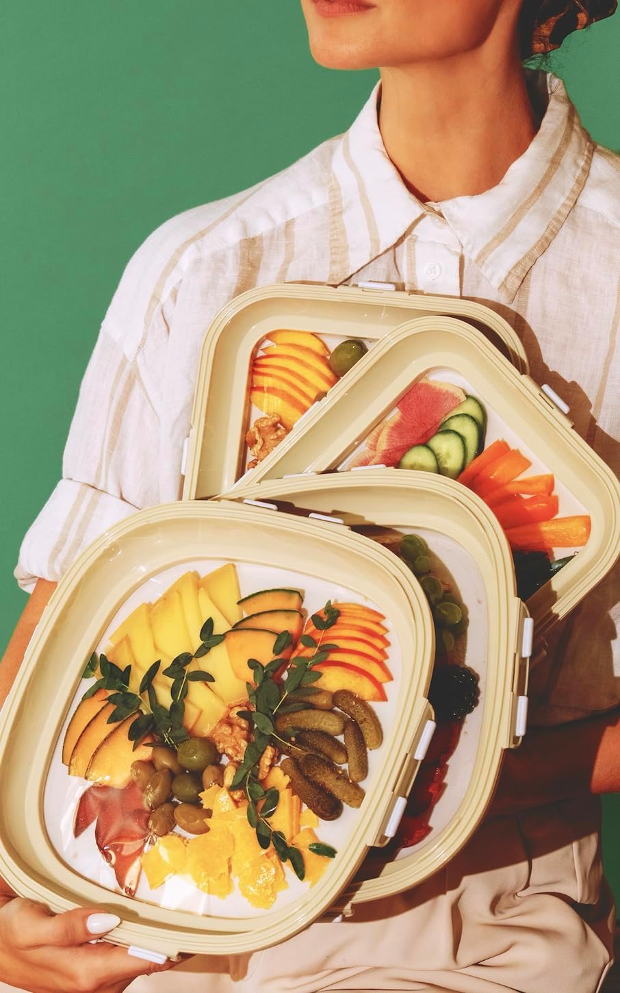 Portable Snack Tray | Rectangle | Cream White | Reversible Stretch Lid Food Containers | BPA-Free, Freezer & Dishwasher Safe | Meal-Prep, Charcuterie, Salads, Picnic, Travel