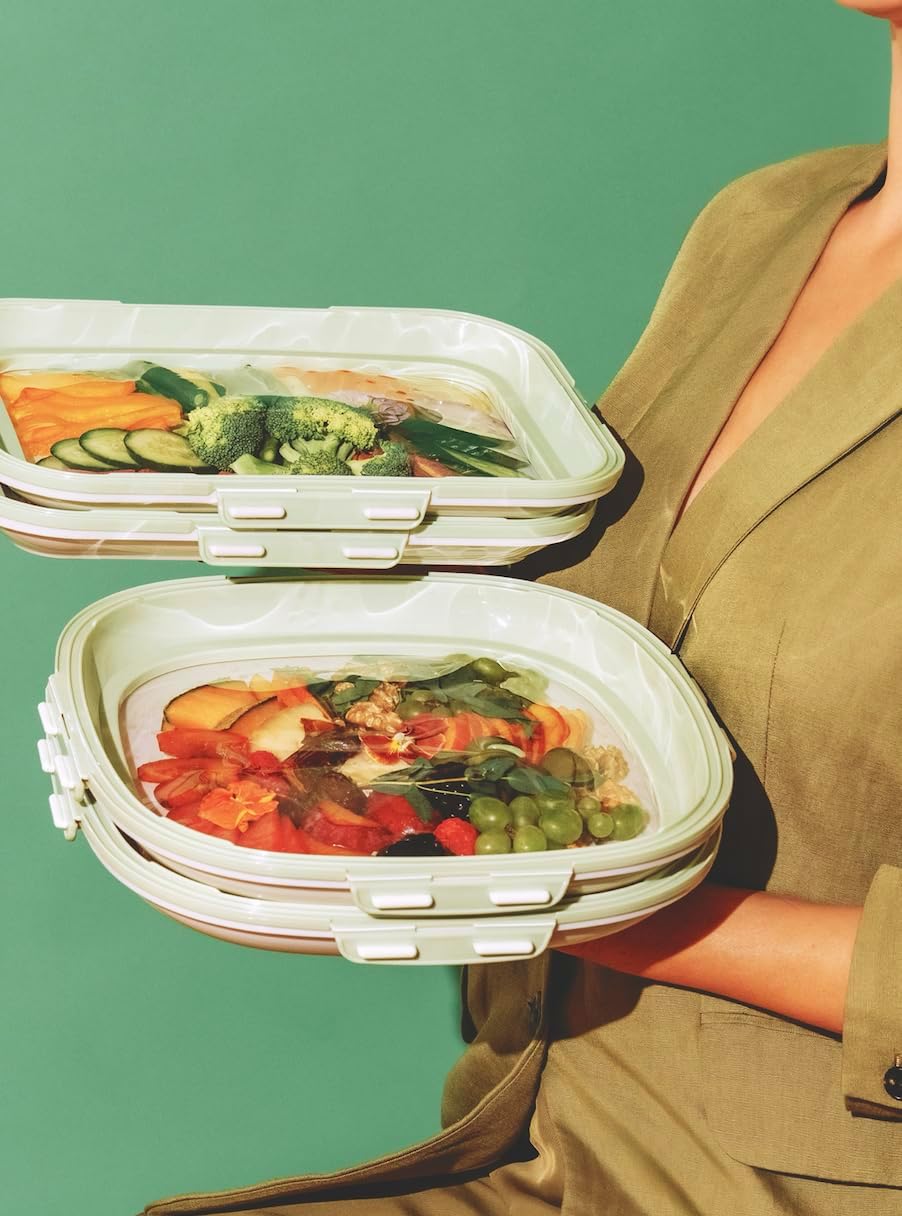 Portable Snack Tray | Rectangle | Cream White | Reversible Stretch Lid Food Containers | BPA-Free, Freezer & Dishwasher Safe | Meal-Prep, Charcuterie, Salads, Picnic, Travel