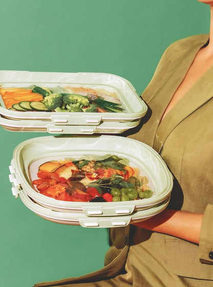 Portable Snack Tray | Rectangle | Cream White | Reversible Stretch Lid Food Containers | BPA-Free, Freezer & Dishwasher Safe | Meal-Prep, Charcuterie, Salads, Picnic, Travel