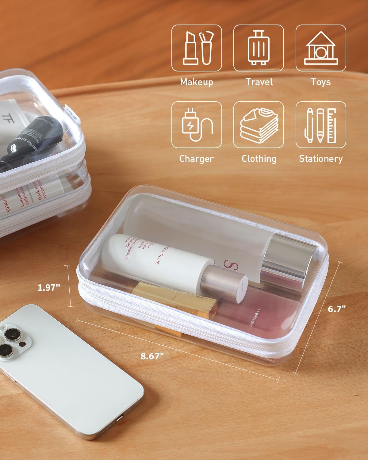 3PCS Large Clear Hard Shell Zippered Case, Diaper Bag Organizing Pouches, Waterproof Cosmetic Bag, Storage Organizer Bins.