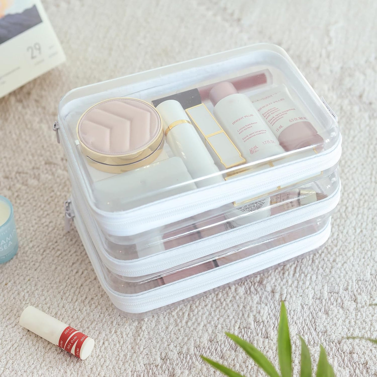 3PCS Large Clear Hard Shell Zippered Case, Diaper Bag Organizing Pouches, Waterproof Cosmetic Bag, Storage Organizer Bins.