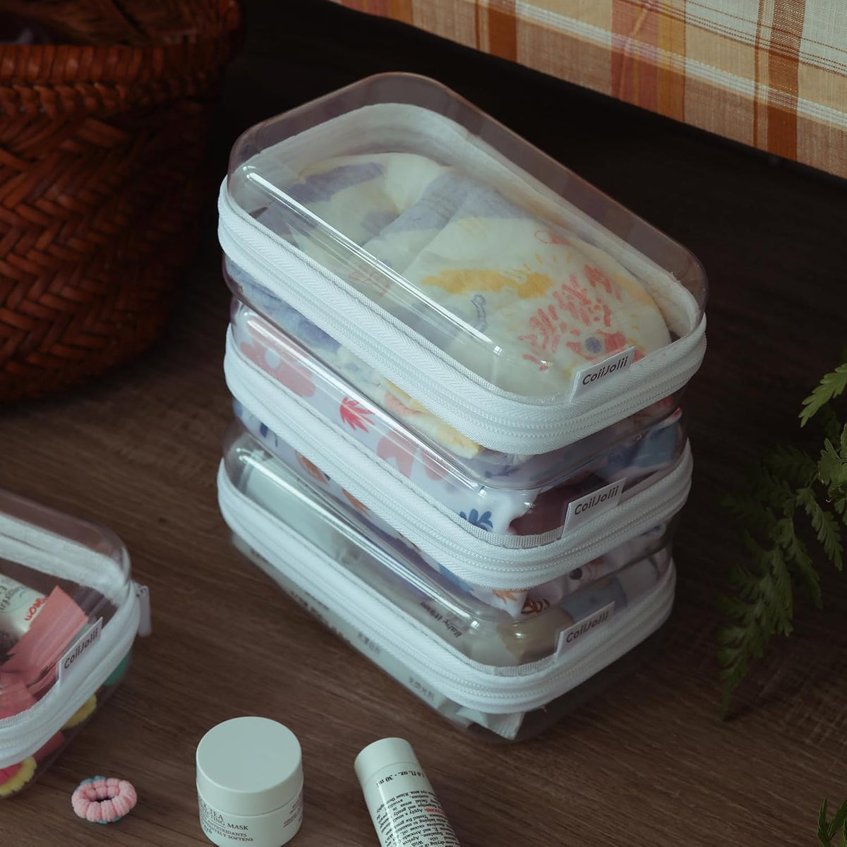 3PCS Large Clear Hard Shell Zippered Case, Diaper Bag Organizing Pouches, Waterproof Cosmetic Bag, Storage Organizer Bins.