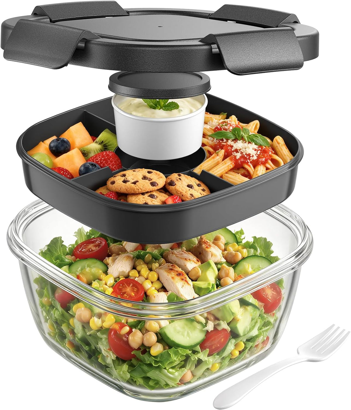Glass Salad Container, 56oz Bowl with Airtight Lids, Bento Box