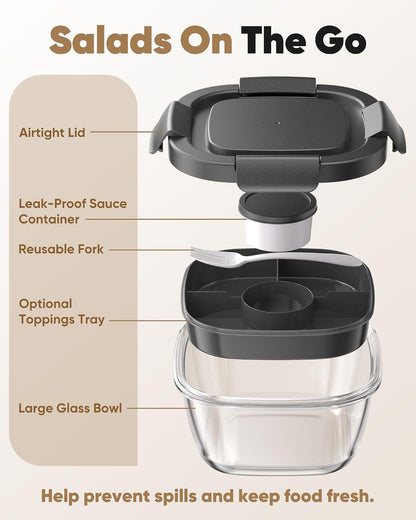Glass Salad Container, 56oz Bowl with Airtight Lids, Bento Box