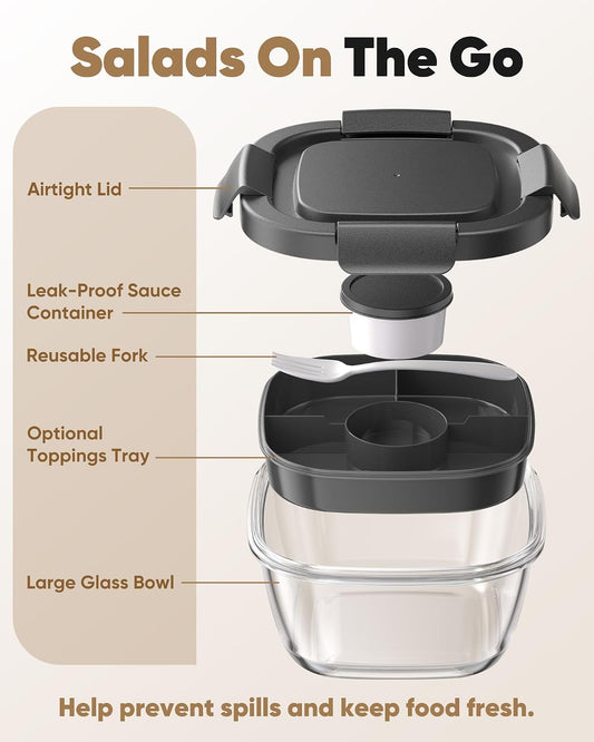 Glass Salad Container, 56oz Bowl with Airtight Lids, Bento Box