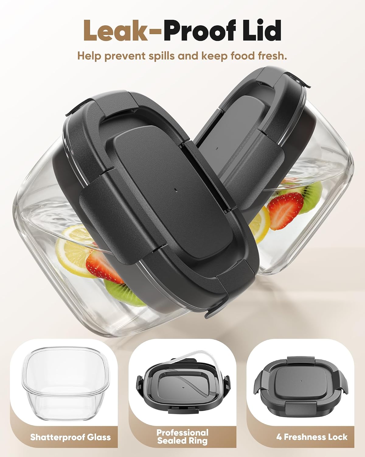 Glass Salad Container, 56oz Bowl with Airtight Lids, Bento Box