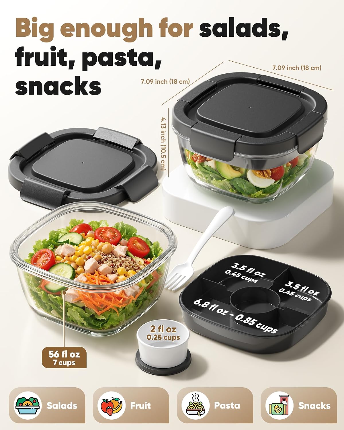 Glass Salad Container, 56oz Bowl with Airtight Lids, Bento Box