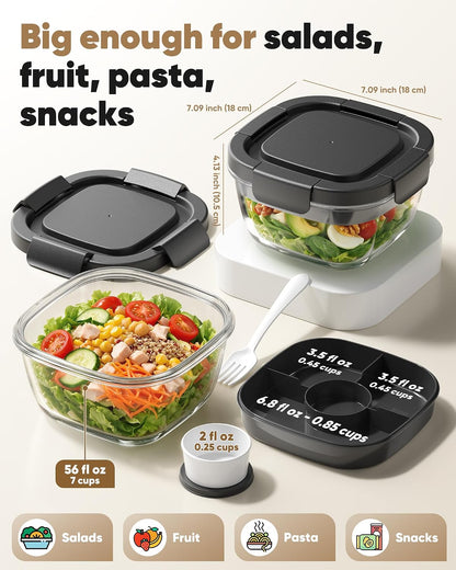 Glass Salad Container, 56oz Bowl with Airtight Lids, Bento Box