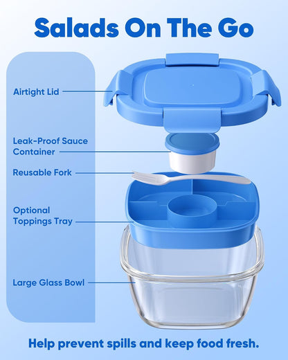Glass Salad Container, 56oz Bowl with Airtight Lids, Bento Box