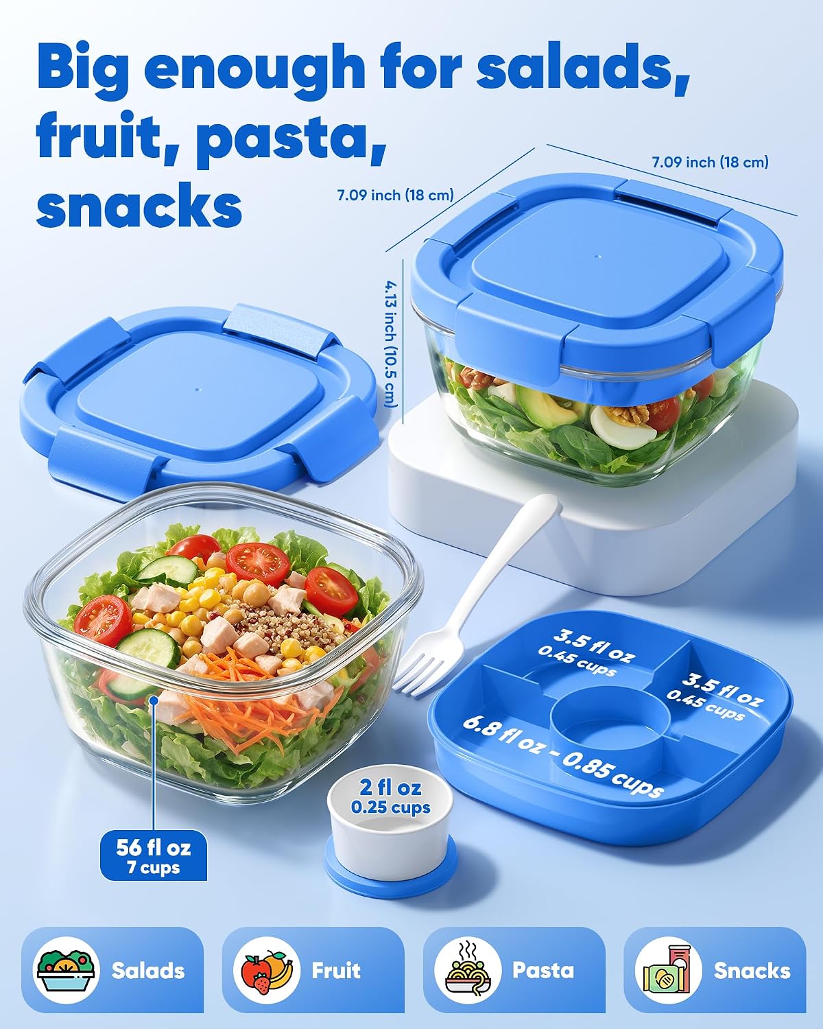 Glass Salad Container, 56oz Bowl with Airtight Lids, Bento Box